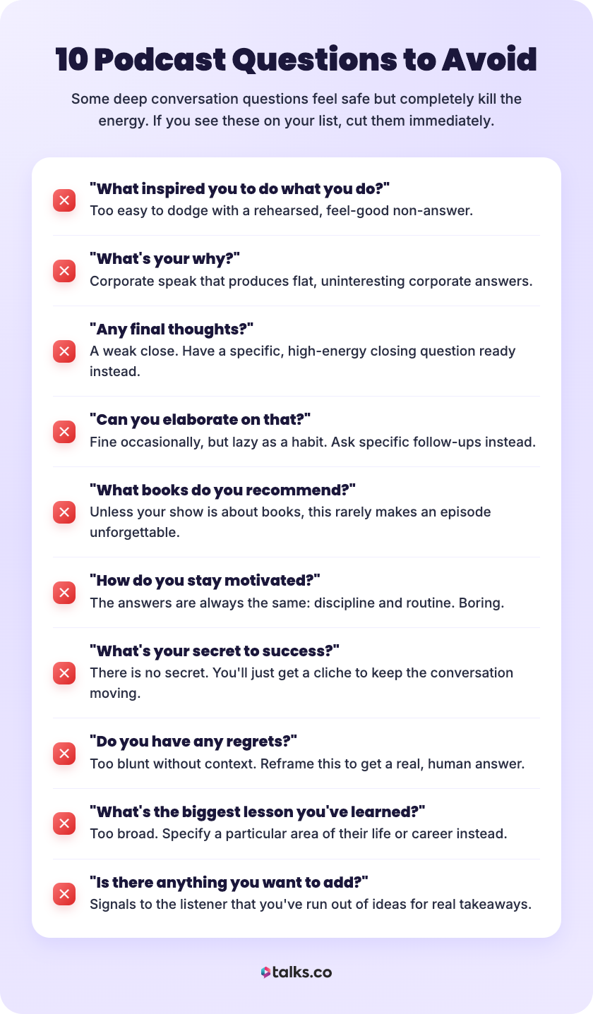 Infographic showing podcast questions to avoid to make the conversation more engaging and prevent low energy interviews