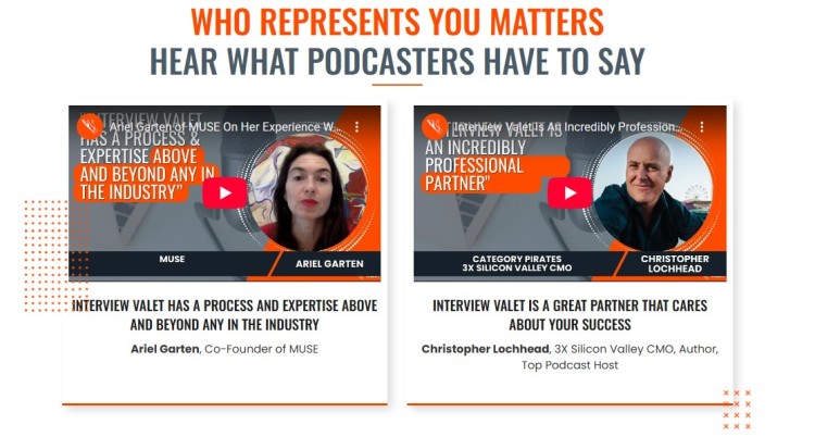 Video testimonials where podcasters speak about their experience working with Interview Valet and the results from podcast interview marketing.