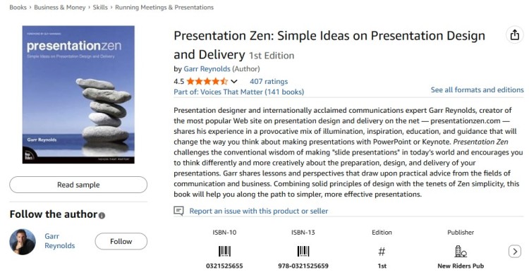 Amazon product page for Presentation Zen by Garr Reynolds, a book sharing practical tips for public speaking, presentation design, and delivery.