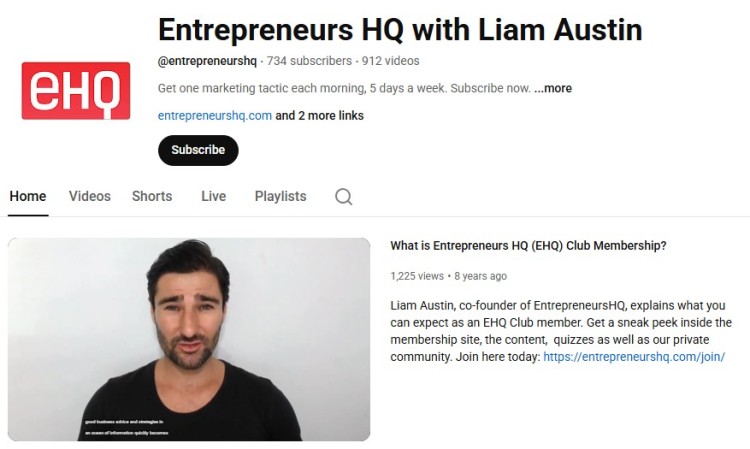 Entrepreneurs HQ YouTube channel featuring Liam Austin sharing marketing tips and quality content for coaches and entrepreneurs.