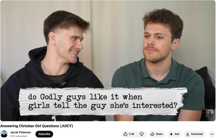 Two speakers in a video discussing relationship questions like whether guys appreciate honesty and interest from women