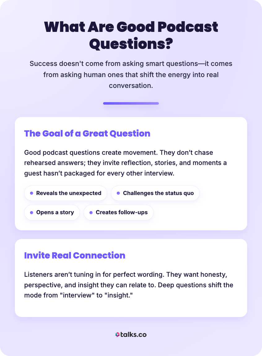 Infographic explaining questions that engage podcast audiences by encouraging reflection, storytelling, and meaningful conversation