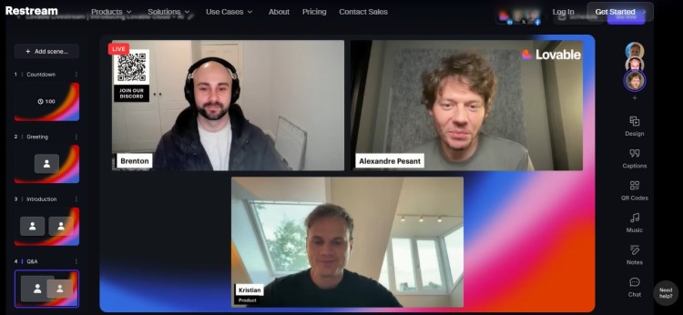 Restream live streaming interface showing multiple speakers and scenes demonstrating how restream allows multistreaming and live production management