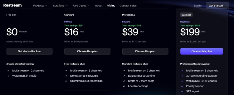 Restream pricing page showing different plans including free, standard, professional, and business options highlighting what restream offers for streaming