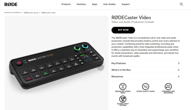 RØDECaster Video console designed to professionally produce podcasts, interviews, and live video content with integrated audio controls.