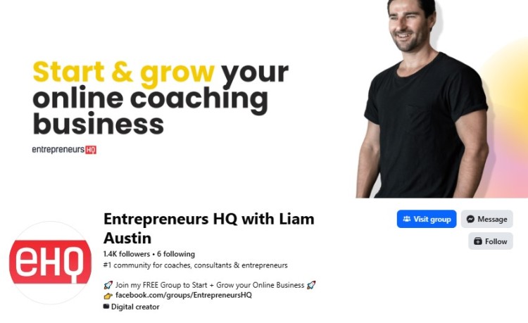 Facebook group page for Entrepreneurs HQ showing Liam Austin promoting strategies for growing a coaching business using social media content.