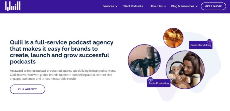 Website page of a specialized podcast agency offering brand storytelling, audio production, and podcast launch services for businesses.