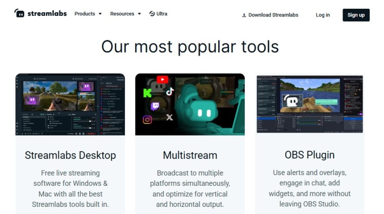 Streamlabs website showing popular tools like desktop streaming, multistream, and OBS plugin highlighting what streamlabs also offers