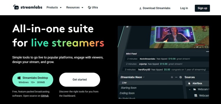 Streamlabs homepage showing all-in-one streaming suite interface demonstrating why streamlabs is ideal for live streamers and content creators