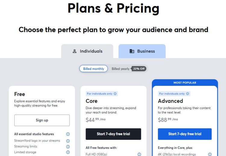 StreamYard pricing page showing different plans including free, core, and advanced options with features and monthly pricing details