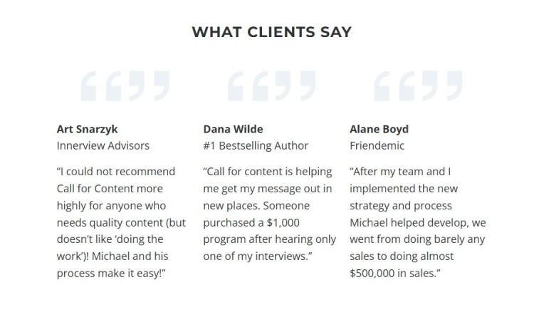 Client testimonials highlighting successful results from using Call for Content services to increase visibility, reach new audiences, and generate sales.