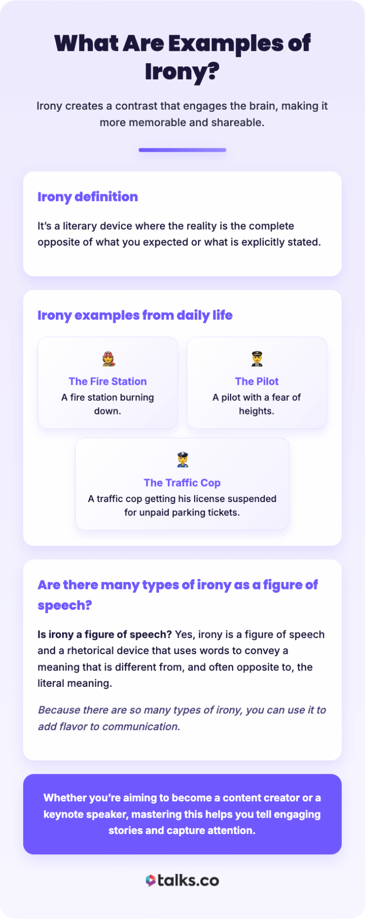 Infographic explaining the use of irony with definition and everyday examples such as a fire station burning down, a pilot afraid of heights, and a traffic cop losing his license.