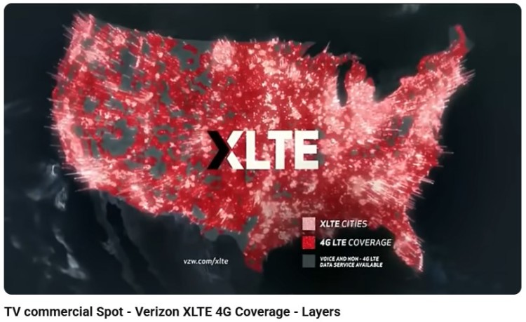 Verizon XLTE coverage map advertisement showing nationwide network strength as an endorsement of service reliability