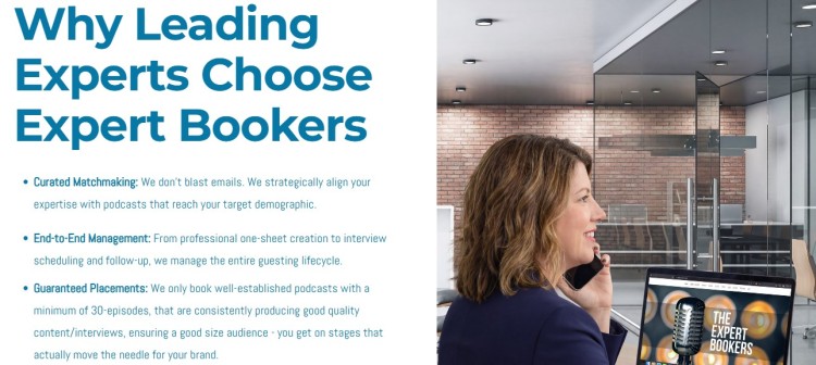 Marketing graphic showing why a leader chooses Expert Bookers, highlighting curated matchmaking, end-to-end management, and guaranteed podcast placements