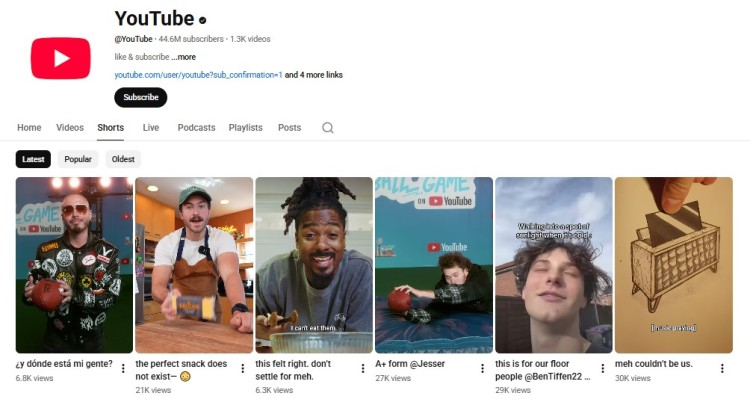 Screenshot of the YouTube channel page showing multiple youtube shorts videos displayed in the Shorts section.