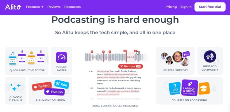 Video editing software platform for podcast production showing tools for editing, publishing, and managing audio content