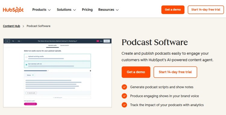 HubSpot podcast software page showing best software for creating, publishing, and analyzing podcast content with AI tools