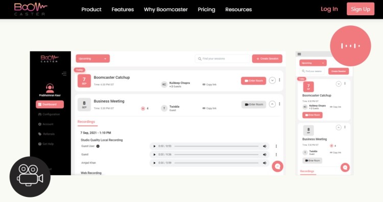 Boomcaster dashboard showing how the app lets you record podcast sessions with scheduling, recordings, and audio management tools