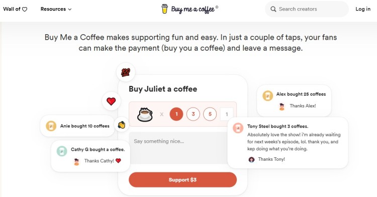 Buy Me a Coffee platform showing how creators can earn money from fans through small payments and support messages