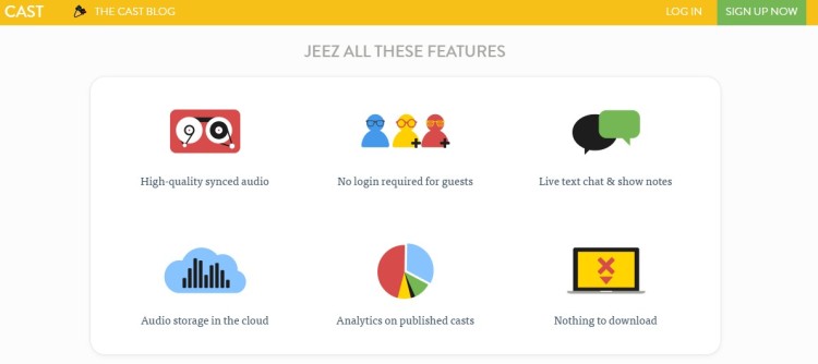 Podcast platform features showing recording and audio editing software capabilities like synced audio, cloud storage, analytics, and live chat