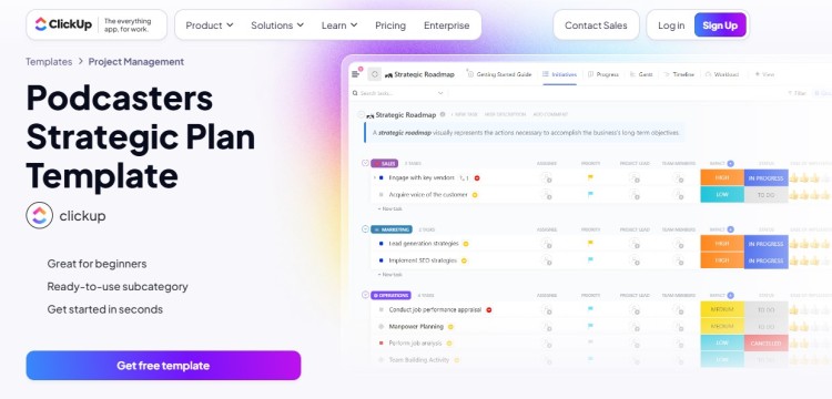 ClickUp strategic plan template dashboard showing tasks and roadmap to organize podcast workflow and Clickup plan template will help structure content and production