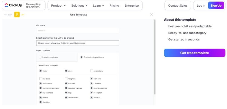 ClickUp template setup screen with import options and task settings to help plan for your podcast workflow and production