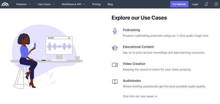 Create a podcast with audio software showing use cases like podcasting, educational content, video creation, and audiobooks