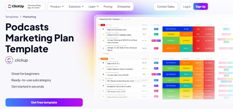 ClickUp podcast marketing plan template showing effective marketing workflow with task tracking, progress updates, and campaign management