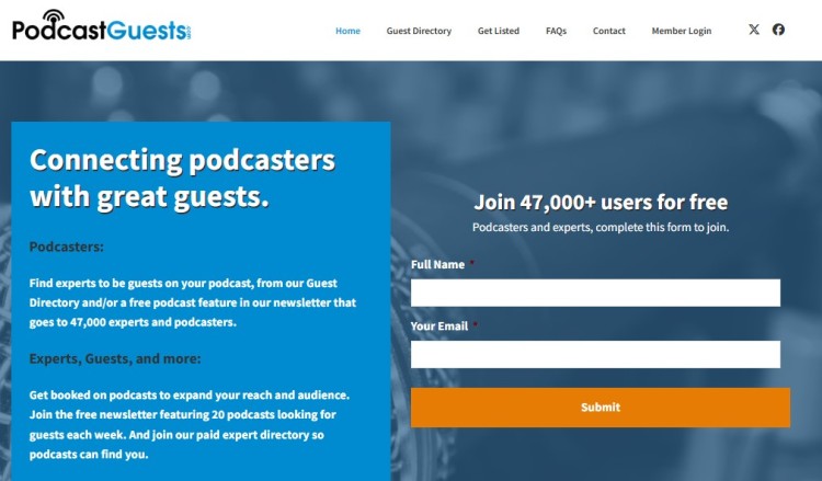 PodcastGuests homepage showing a platform to find suitable matches between podcasters and expert guests through directories and sign-up forms.