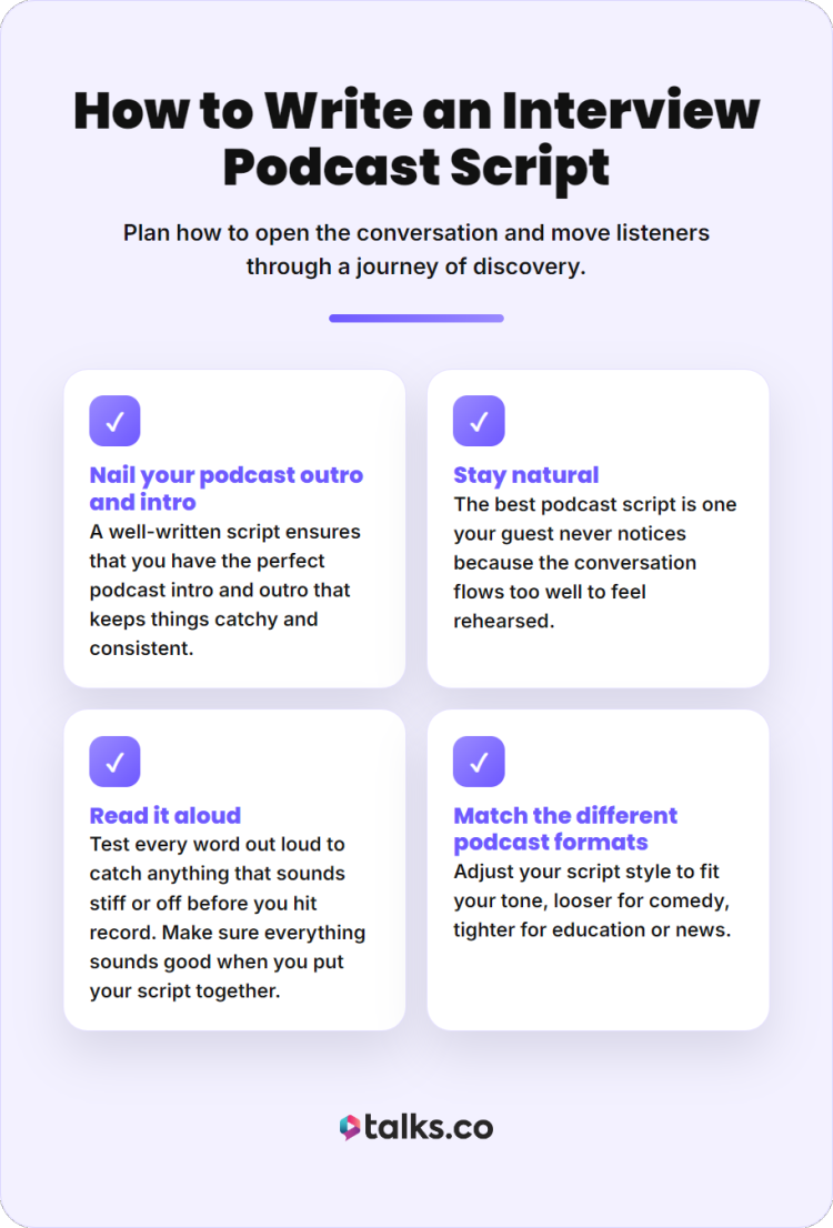 Checklist infographic showing how to write a script for your podcast interview, including intro and outro tips, staying natural, reading aloud, and matching formats