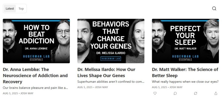 Huberman Lab branded podcast episodes featuring expert interviews on addiction, genetics, and sleep science