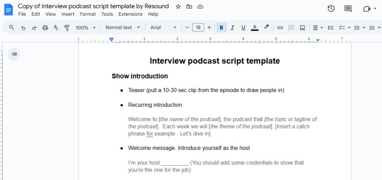 Google Docs interview podcast script template showing structured sections and prompts that a script helps organize your podcast episode flow