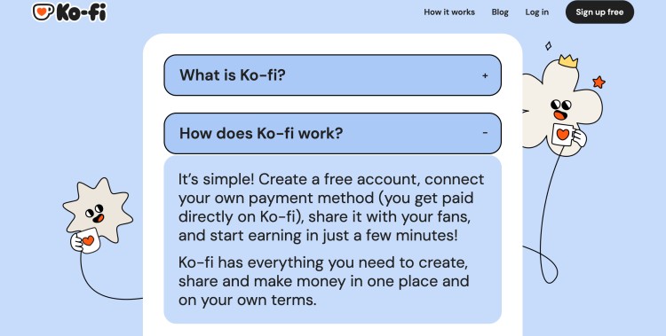 Ko-fi review screenshot showing how the platform works, including creating a free account, connecting payments, and earning from fans.
