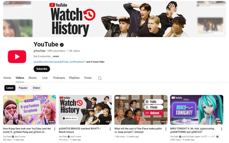 Screenshot of many youtube videos displayed on a YouTube channel page showing watch history banner, channel profile, and multiple video thumbnails