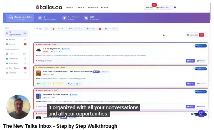 Talks inbox dashboard helping organize perfect podcast interviews and manage guesting opportunities efficiently