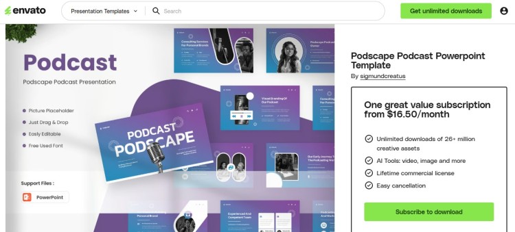 Podcast presentation slide templates on Envato used for planning ahead with branding, content structure, and episode promotion design