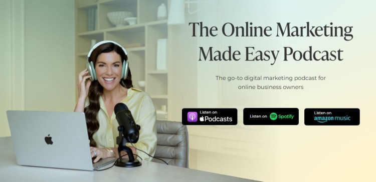 Online Marketing Podcast banner showing podcast apps to listen including Apple Podcasts, Spotify, and Amazon Music