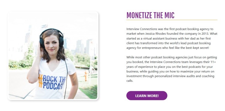 Podcast booking industry example featuring Interview Connections service and entrepreneur wearing Rock the Podcast shirt