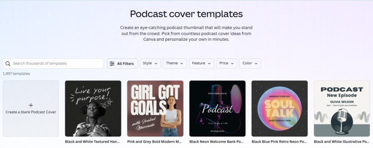 Podcast cover templates displayed on a design platform with various styles for creating a professional podcast thumbnail