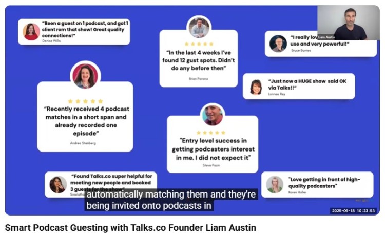 Podcast guesting service testimonials showing user success stories and results from Talks platform