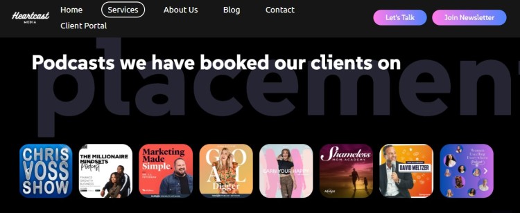 Podcast heartcast media clients placement showcase featuring shows where clients have been booked