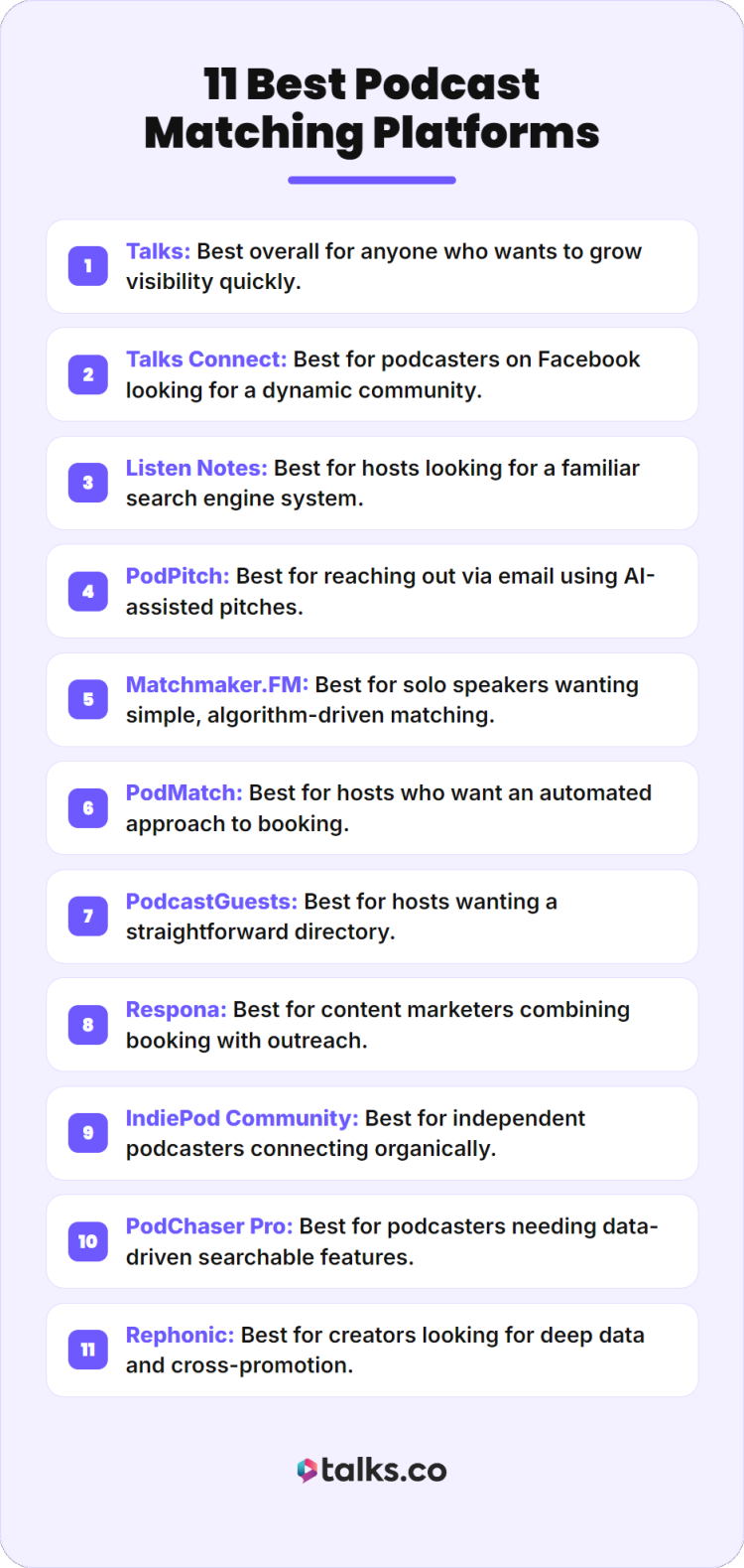 Infographic listing the best podcast matching platforms that helps podcasters find guests, book interviews, and grow visibility across different tools.