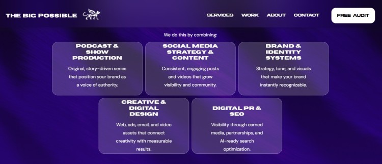 Overview of podcast production and marketing services showing the impact of strategy, branding, content, and digital growth solutions.