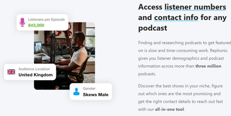 Rephonic platform showing analytics and audience data to help podcasters find guests and identify the right podcasts for outreach.