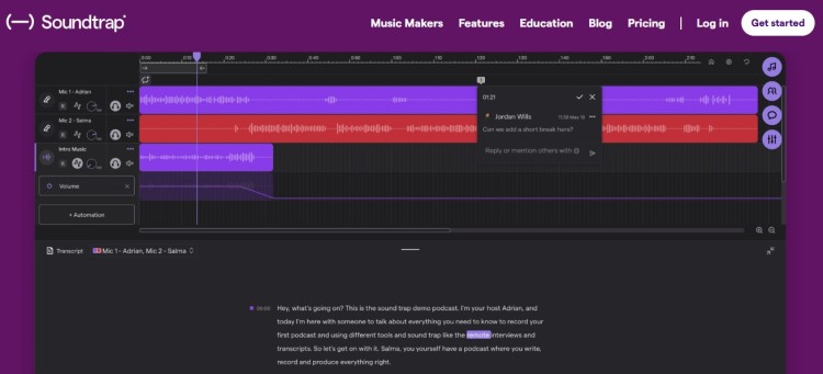 Soundtrap interface showing editing software for post-production with audio tracks, waveform editing, and collaboration features