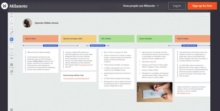 Milanote visual board showing podcast episode planning timeline and sections to stay organized with content, segments, and production flow