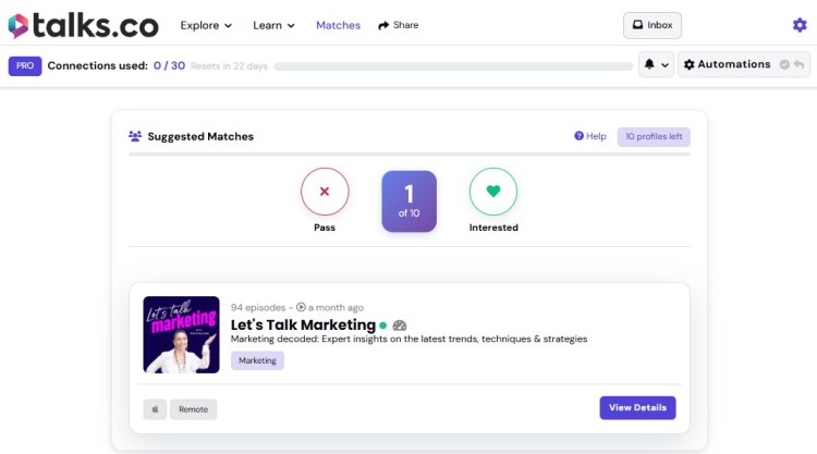 Talks.co dashboard showing a platform designed to connect podcast hosts and guests through suggested matches, interest selection, and profile browsing.