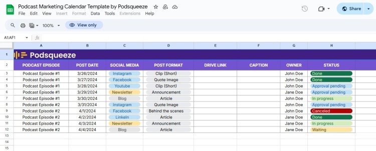 Spreadsheet template to get organized with a podcast marketing calendar including episodes, social posts, formats, captions, and status tracking