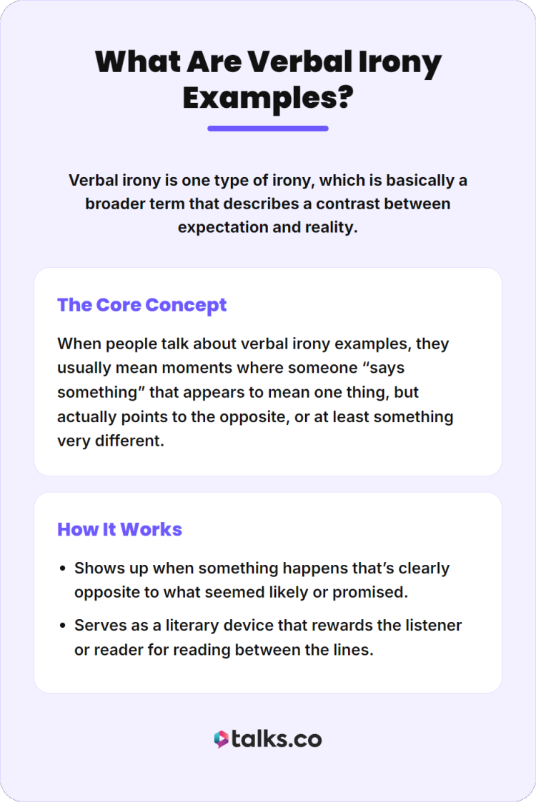 Infographic explaining verbal irony definition and examples, including core concept and how it works with simple explanations.