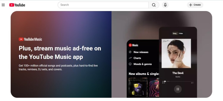 Banner promoting watching youtube videos and music ad-free on the YouTube Music app, showing mobile interface with playlists and streaming features